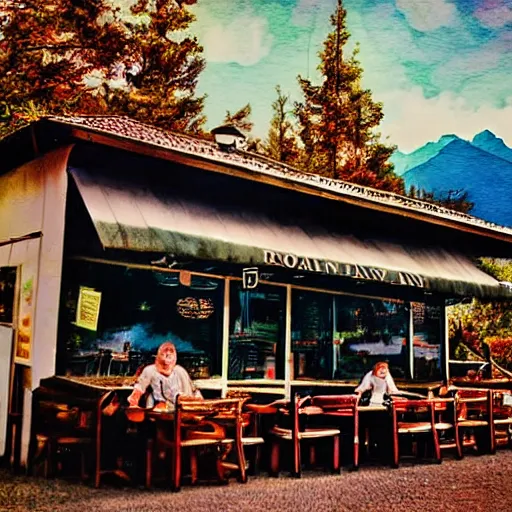 Image similar to mountain cafe, cinematic, photography, surreal, impressionist