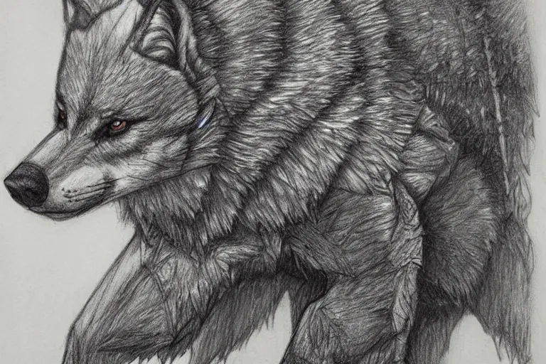 Image similar to a pencil drawing of a wolf, full body, D&D, armor, made by by Pen Tacula