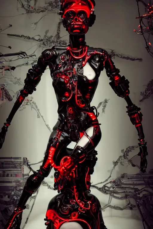 Prompt: full-body cyberpunk style sculpture of a young beautiful dark priestess, half android with a head opening exposing circuitry, glowing red eyes, black roses, flowing blood red colored silk, fabric, candles. baroque elements, human skull. full-length view. baroque element. intricate artwork by caravaggio, crows flying in background. Trending on artstation, octane render, cinematic lighting from the right, hyper realism, octane render, 8k, depth of field, 3D