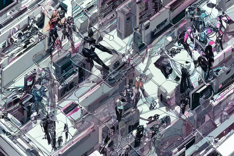 Image similar to a cyberpunk illustration of a group of female androids in style of masamune shirow, lying on an empty, white floor with their bodies scattered around in different poses and cables and wires coming out, by yukito kishiro and katsuhiro otomo, hyper-detailed, intricate, view from above