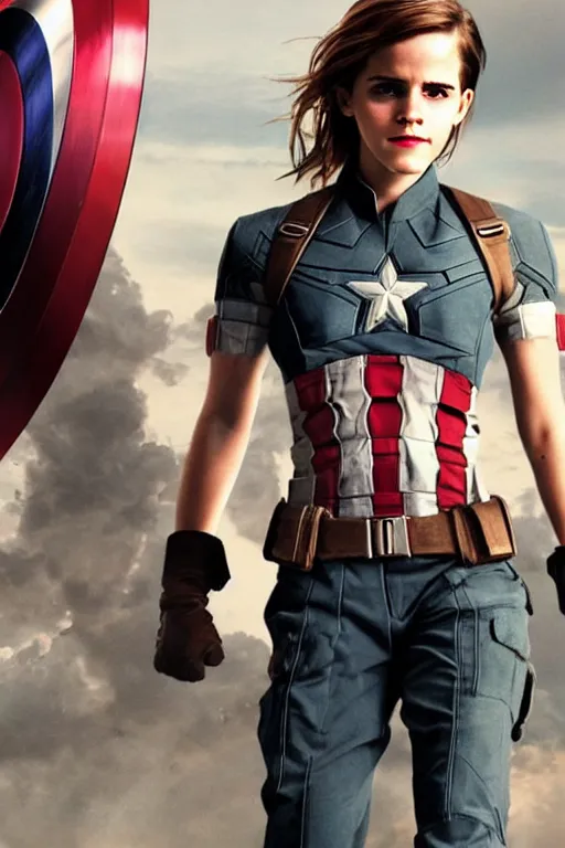 Image similar to emma watson as captain america, hyper realistic