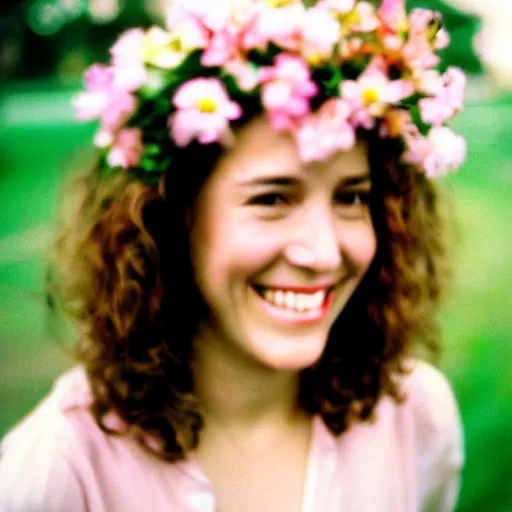 Prompt: woman smiling to the camera with flowers in her hair, analog film, 8 mm, 8 0 s