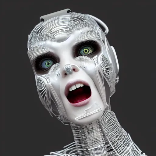 Image similar to beautiful centered Fine art photo portrait of screaming Allison Parker as a solarpunk robotic humanoid, white mechanical parts with led lights, photorealistic, white background, highly detailed and intricate, sunset lighting, HDR 8k
