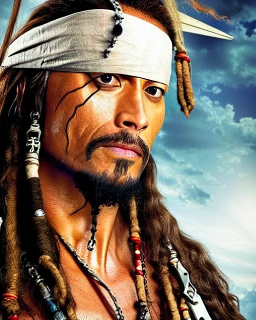 Image similar to Film still close-up shot of Dwayne Johnson as Captain Jack Sparrow from the movie Pirates of the Caribbean. Photographic, photography