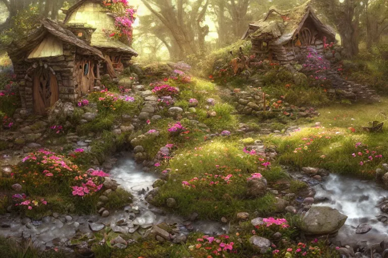 Image similar to wide angle view, a beautiful digital painting of a fairy house made of rocks in a stream, flowers, beautiful tranquil day, by greg rutkowski, brian froud, peter mohry, jean - baptiste monge, and alphonse mucha, symmetry, complementary colors, ink illustration, trending on artstation