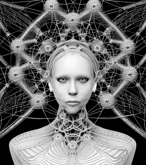 Image similar to photograph of beautiful biomechanical female blonde dreadlocks girl, hyper realistic skin, geometrical octagonal lace tattoos, polyhedral 3 d, roccoco futuristic android jones style steampunk, trippy lsd hippie, craftsmanship, intricate, hexagonal mesh wire, mandelbrot fractal spiral mandala alexander mcqueen, alex grey, giger, hyperreal, photorealistic