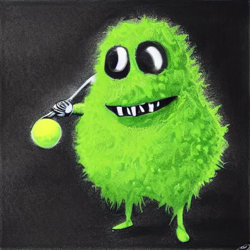 Image similar to a tennis ball monster, tennis ball, dark, chalky, wearing a suit, digital art, fantasy, magic, trending on artstation, ultra detailed, professional illustration by Basil Gogos