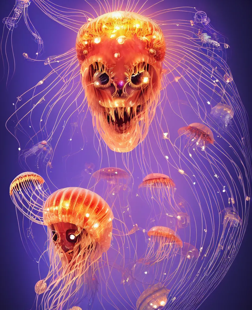 Image similar to close-up portrait of the face of a beautiful princess in a twisted flowers jellyfish mask in a spaceman suit surrounded by energy flow, epic angle and pose, symmetrical artwork, 3d with depth of field, blurred background, floating jellyfish skull phoenix bird, translucent, nautilus, energy flows of water and fire. a highly detailed epic cinematic concept art CG render. made in Maya, Blender and Photoshop, octane render, excellent composition, cinematic dystopian brutalist atmosphere, dynamic dramatic cinematic lighting, aesthetic, very inspirational, arthouse. y Greg Rutkowski, Ilya Kuvshinov, WLOP, Stanley Artgerm Lau, Ruan Jia and Fenghua Zhong