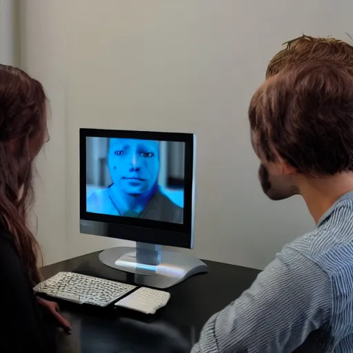 Prompt: person with a computer monitor for a face