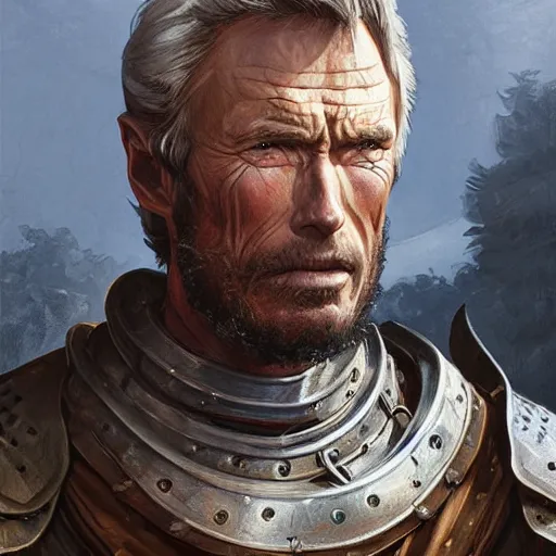 Prompt: rugged male medieval knight, clint eastwood, D&D, painted fantasy character portrait, highly detailed, digital painting, artstation, concept art, sharp focus, illustration, art by artgerm and greg rutkowski and alphonse mucha