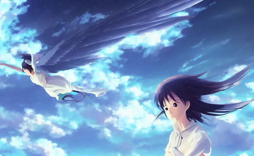 Prompt: An anime girl with wings, flying through a storm, anime scenery by Makoto Shinkai, digital art