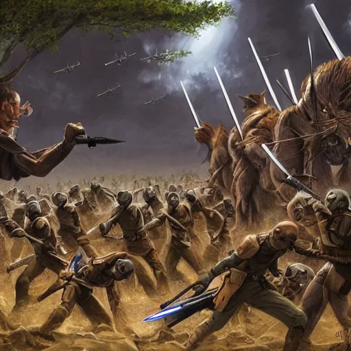 Prompt: an army of jedi fighting off an army of giant ants, hyper realistic, realism, hyper detailed, highly detailed, award-winning art, digital art