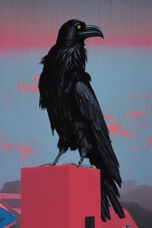 Image similar to a raven standing amongst 8 0 s era technology, vintage shapes, retro technology, dreamy color, wayne barlow, oil on canvas, deep depth of field, masterpiece, cinematic composition, hyperdetailed