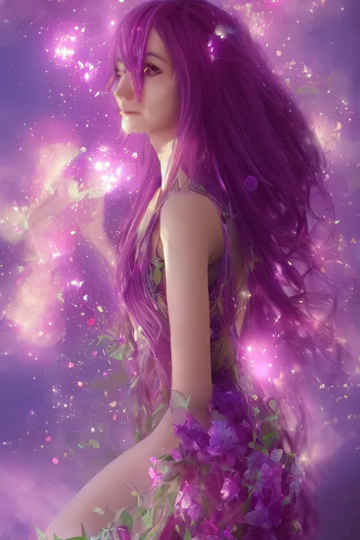 Prompt: 4k detailed portrait of a beautiful intimate woman with long purple cosmic hair and a beautiful celestial dress made of flowers, by vexa. Anime, volumetric lighting, trending on artstation