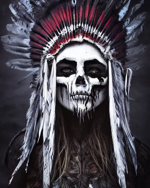 Image similar to the ghost - spirit of the grim - warpaint wears the scarlet skull armor and native blood headdress feathers, midnight fog - mist!, dark oil painting colors, realism, cinematic lighting, various refining methods, micro macro autofocus, ultra definition, award winning photo, photograph by ghostwave - gammell - giger - shadowlord