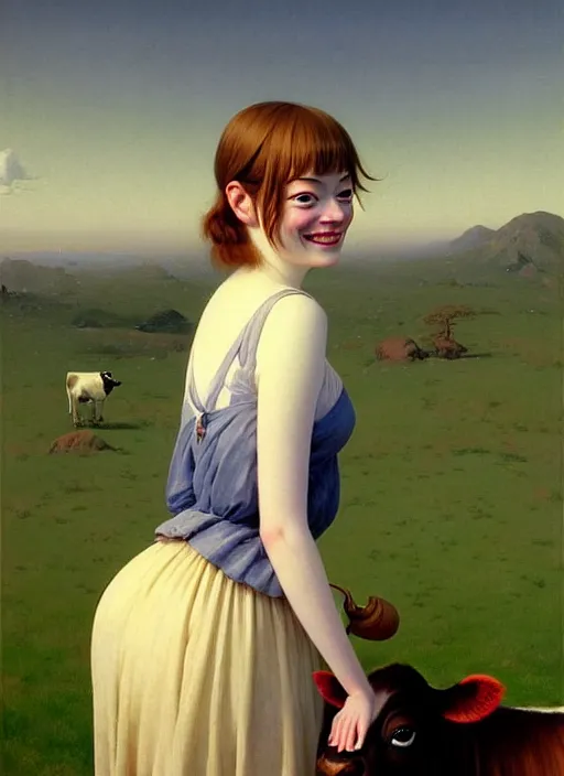 Prompt: hyper detailed 3 d render like a oil painting - cute portrait of emma stone with a smiling cow looking over her shoulder by ryden, kawase hasui, dorothea tanning, edward hopper and james gilleard, aivazovsky, beksinski, outram, artstation