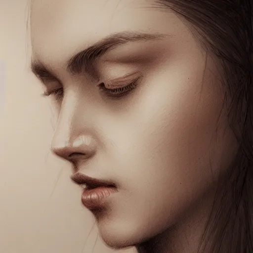 Prompt: face of a beautiful young woman, pencil art, ink and pencil, hyperrealistic, hyperdetailled, digital art, greg rutkowski, artstation, 8 k, beautiful drawing, paper texture