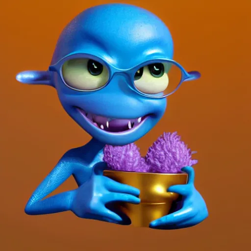 Prompt: cute 3 d pixar style alien with four eyes smiling, blue skin, lilac background, portrait, holding up a trophy, realistic, 4 k