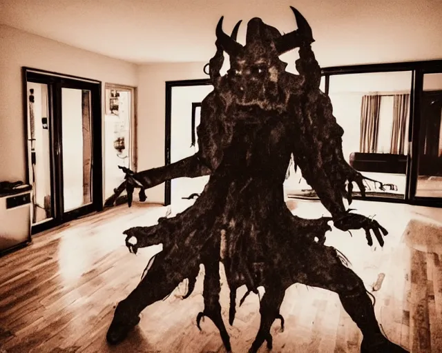 Image similar to transparent horror demon evil spirit attacks in living room with pentacle out interior photos shot on iphone, dynamic pose, full body shot, sharp focus, grainy, corpse, paranormal flashlight, deep night,,