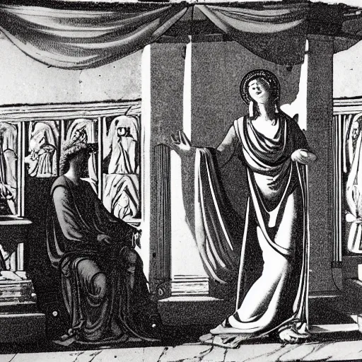 Prompt: the female oracle in delphi giving a prophecy to the king of thera, 6 3 0 bc