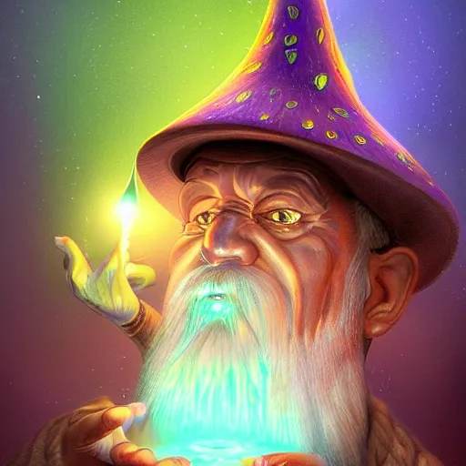 Image similar to a very detailed realistic digital painting of a wizard wearing a bioluminescent mushroom hat. Casting a spell. Trending on Artstation.