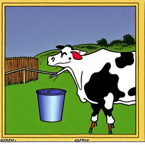 Image similar to a cow points at a bucket, far side, illustrated by gary larson