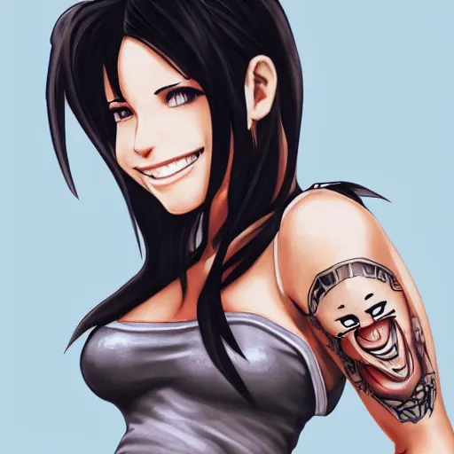 Image similar to high quality art of tifa lockhart with tattoos, smiling, trending on artstation