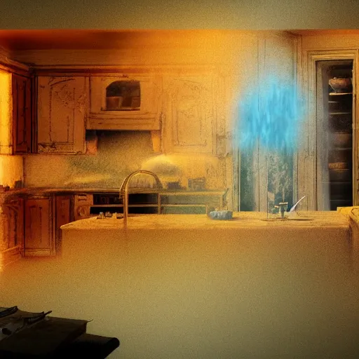 Prompt: ghost apparition floating in the middle of a kitchen, artstation, r/art, realistic, cam footage, thermal imaging