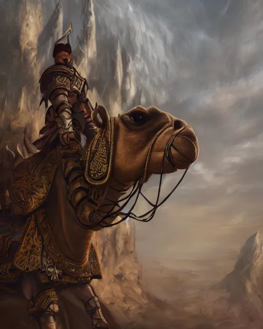 Prompt: Camel, Anthropomorphized, as warlord general on skull throne, full body, magic the gathering artwork, D&D, fantasy, cinematic lighting, centered, symmetrical, highly detailed, digital painting, artstation, concept art, smooth, sharp focus, illustration, volumetric lighting, epic Composition, 8k, art by Akihiko Yoshida and Greg Rutkowski and Craig Mullins, heroic pose, oil painting, cgsociety, Battlefield background, explosions, arrows