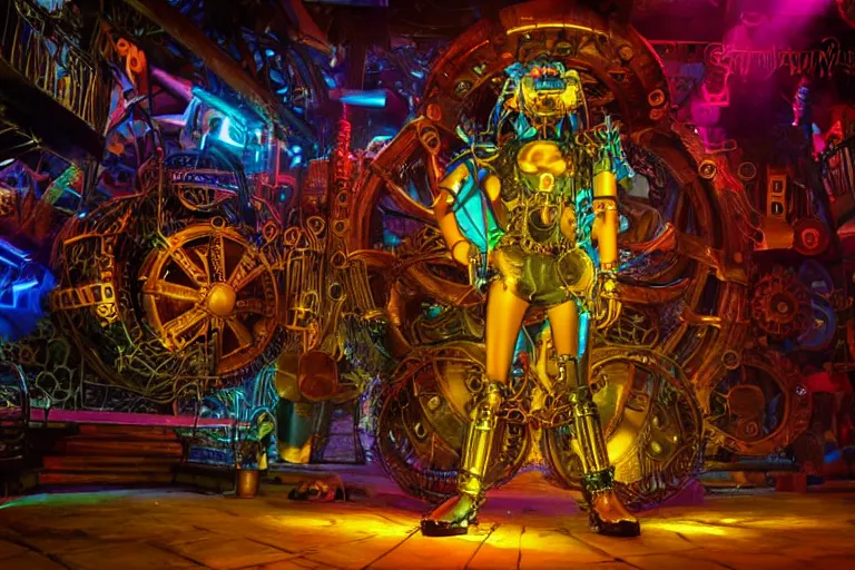 Image similar to scene is la troya party in amnesia in ibiza, portrait photo of a giant huge golden and blue metal steampunk robot, with gears and tubes, eyes are glowing red lightbulbs, shiny crisp finish, 3 d render, 8 k, insaneley detailed, fluorescent colors, haluzinogetic, background is multicolored lasershow