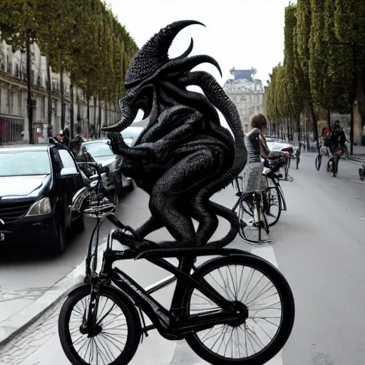 Prompt: cthulhu riding a bike in paris