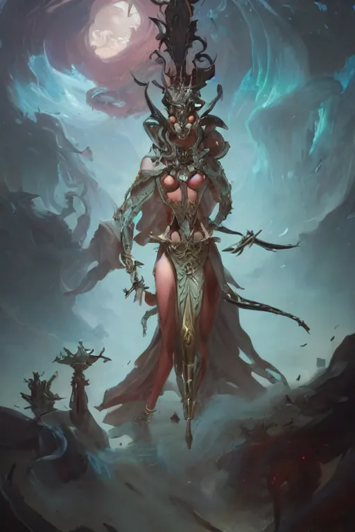 Prompt: high fantasy chaos goddess designed by peter mohrbacher, Greg rutkowski, blizzard concept artists, concept art, fantasy, 4k, CG render, octane, insanely detailed,