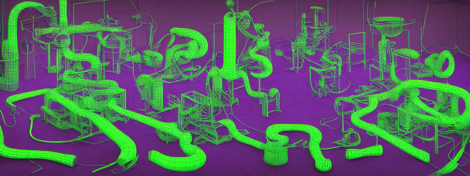 Prompt: a machine for making snake oil, purple and green, highly technical, art by glenn fabry and ed roth, 3 d rendering by beeple, fine detail, 8 k, snake machine