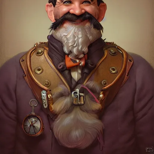 Image similar to vintage portrait of a smiling steampunk male gnome with big nose, highly detailed, digital painting, art by Stanley Lau and Artgerm and magali villeneuve and Alphonse Mucha, artstation, octane render, cgsociety, 1800, vintage photo