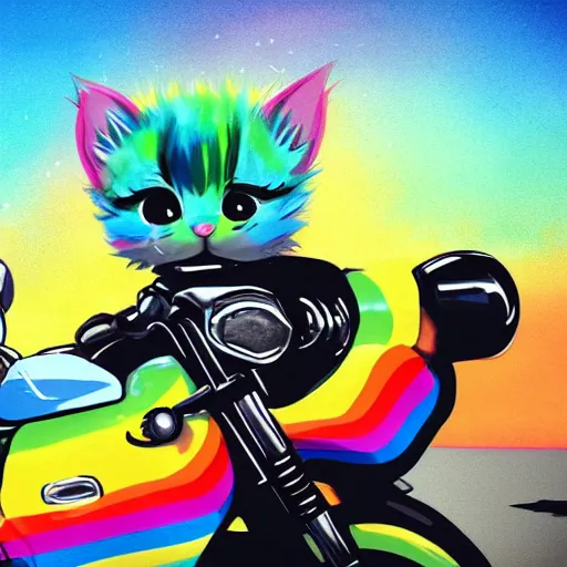 Image similar to wide angle full body, jacket wearing fluffy cute rainbow kitten wearing a black leather motorcycle jacket, riding on a motorcycle, cinematic concept art