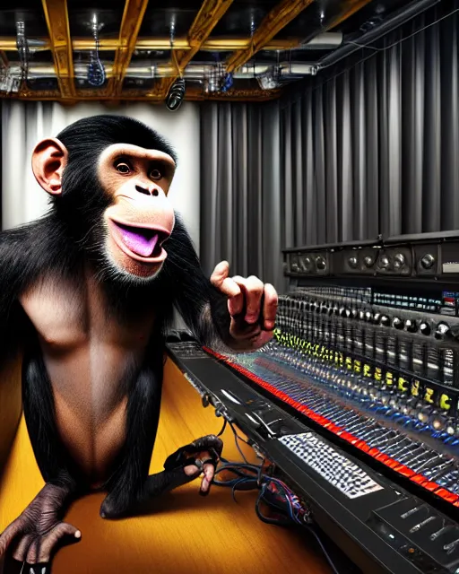 Prompt: looking over the sound board into the soundbooth a portrait of an anthropomorphic rockstar chimp singing into a microphone by sandra chevrier, by jon foster, detailed render, tape deck, epic composition, cybernetics, 4 k realistic, cryengine, realistic shaded lighting, sharp focus, masterpiece, by enki bilal