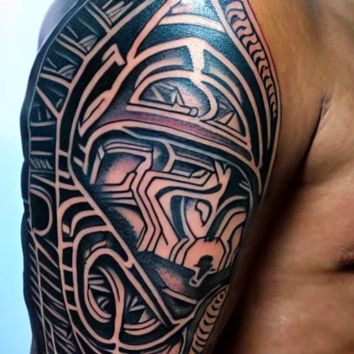 Prompt: dark - skinned tribal warrior, cybernetic enhancements, tribal tattoos, close up