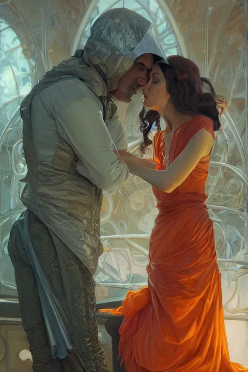 Prompt: portrait of tinfoil hat man in orange t - shirt behind his wife, feelings, romantic, fantasy, intricate, elegant, highly detailed, digital painting, artstation, concept art, smooth, sharp focus, illustration, art by artgerm and greg rutkowski and alphonse mucha