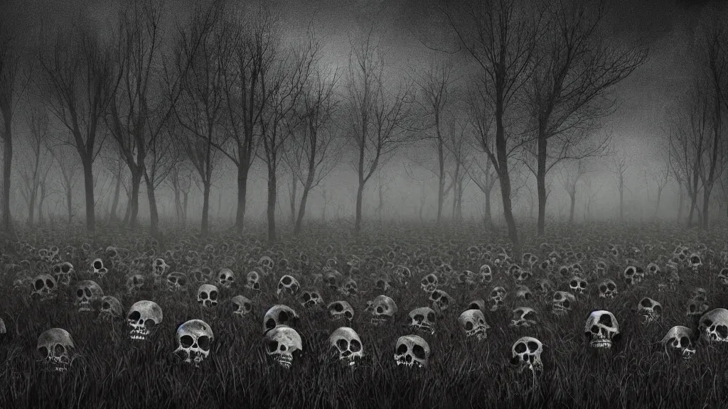 Image similar to a field of skulls, dark, night, foggy, scary, eerie, digital art.