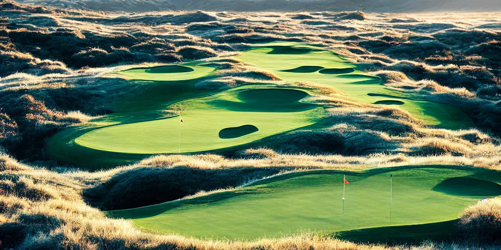 Image similar to a great photograph of the most amazing golf hole in the world, in winter, beautiful ambient light, golf digest, top 1 0 0,