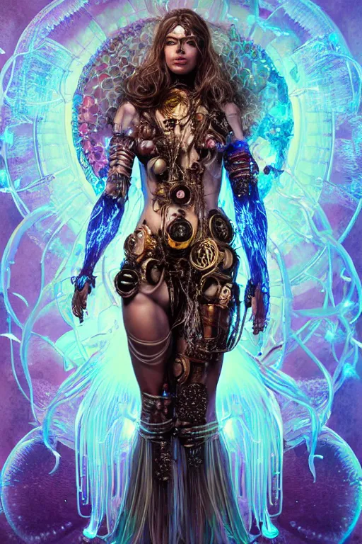 Prompt: a centered render of an alluring majestic post apocalyptic cyborg goddess wearing flowing silk gemstones and crystals and leather clothing surrounded by bio - luminescent jellyfish and sacred geometry, perfect body and face, gorgeous, cinematic, beautifully lit, by artgerm, by karol bak, by donato giancola, 3 d, trending on artstation, octane render, 8 k