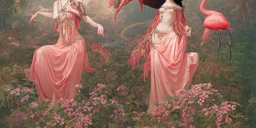 Image similar to breathtaking detailed concept art painting of the goddess of flamingo, orthodox saint, with anxious, piercing eyes, ornate background, amalgamation of leaves and flowers, by Hsiao-Ron Cheng and John James Audubon, extremely moody lighting, 8K