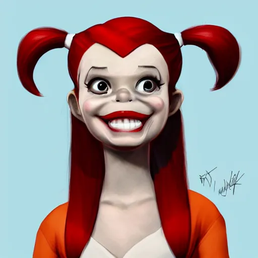 Image similar to baby harley quinn with pigtail in hair like pebbles flintstones full body, big head, large smile, pixar style, happy, chill out, rending, trending on artstation