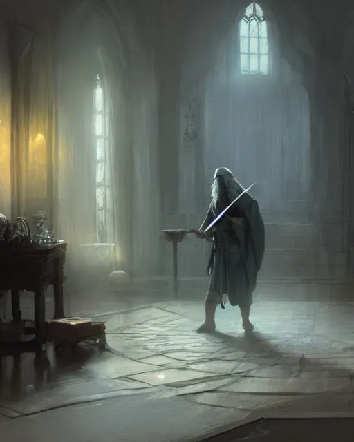 Prompt: gandalf moping a floor, greg rutkowski, esuthio, craig mullins, cinematic lighting, gloomy