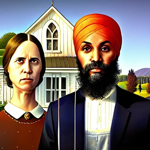 Image similar to Justin Trudeau and Jagmeet Singh in the american gothic painting, concept art, sharp focus, highly detailed digital painting by Grant Wood, artstation