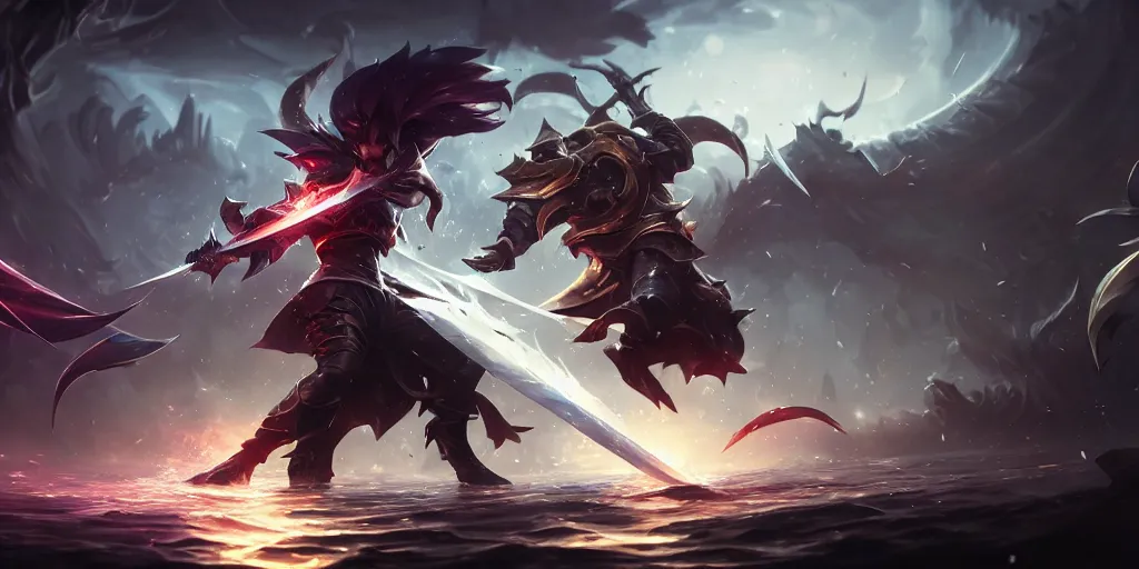 Image similar to amazing epic screen of two swordman combat, league of legends splash art, deiv calviz, splash art, natural light, elegant, intricate, fantasy, atmospheric lighting, by greg rutkowski, league of legends splashscreen artwork, hd wallpaper, ultra high details