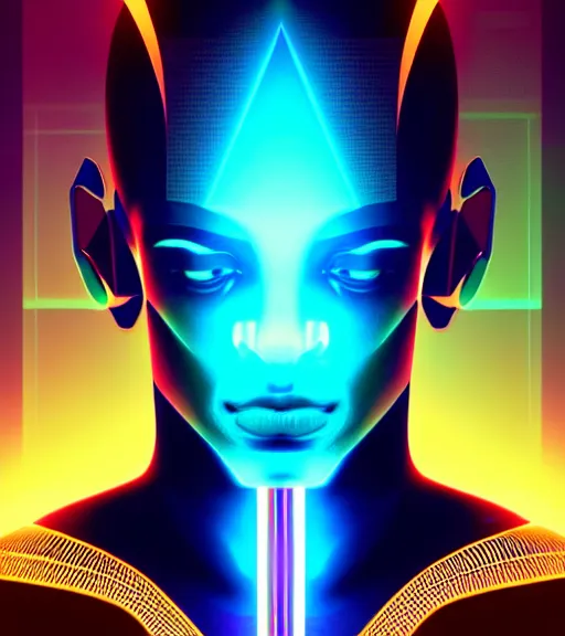 Image similar to symmetry!! egyptian god of technology, solid cube of light, hard edges, product render retro - futuristic poster scifi, lasers and neon circuits, brown skin handsome egyptian god, intricate, elegant, highly detailed, digital painting, artstation, concept art, smooth, sharp focus, illustration, dreamlike, art by artgerm