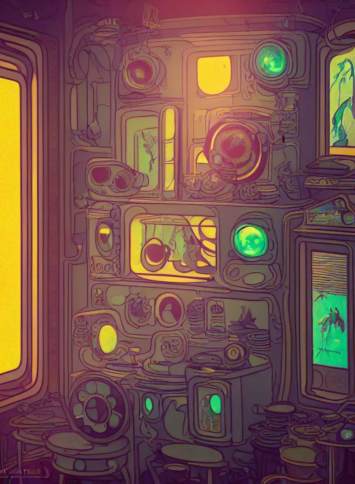 Image similar to telephoto 7 0 mm f / 2. 8 iso 2 0 0 photograph depicting the feeling of chrysalism in a cosy safe cluttered french sci - fi ( ( art nouveau ) ) cyberpunk apartment in a pastel dreamstate art cinema style. ( cat ) ( ( fish tank ) ), ambient light.