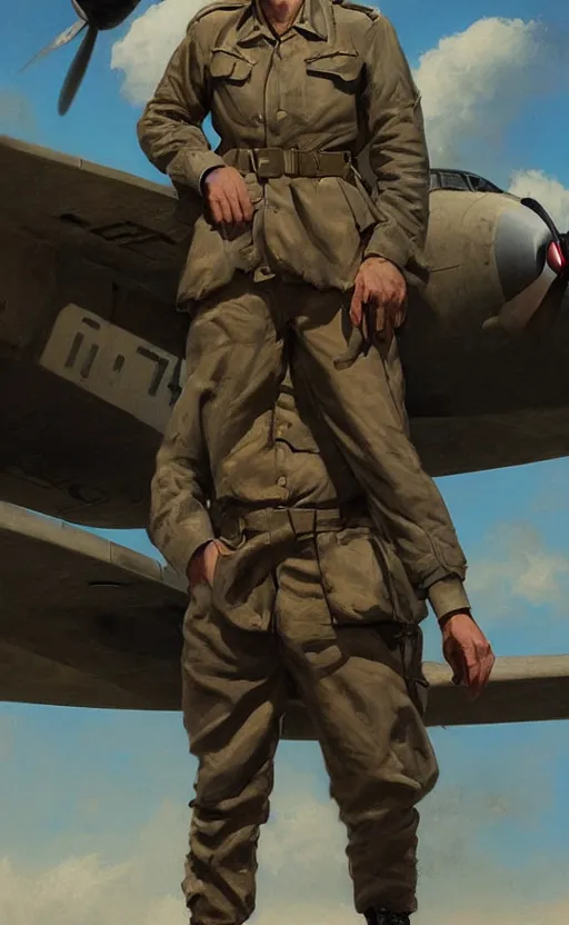 Prompt: Portrait of a WWII airman with an aircraft in the background, detailed face, 20th century, highly detailed, cinematic lighting, digital art painting by greg rutkowski