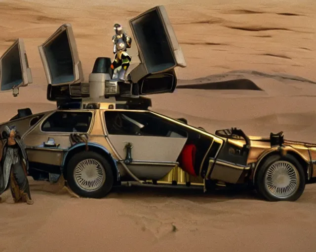 Image similar to doc brown and the delorean encounter the jawas on tatooine